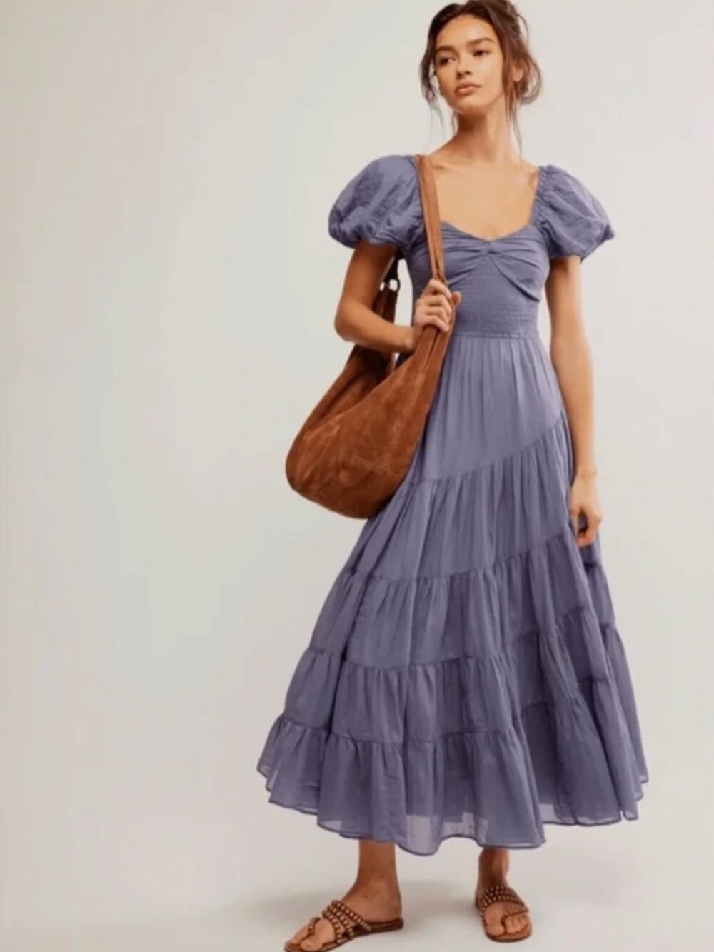 Free People Lavender Puff Sleeve Tiered Maxi Dress